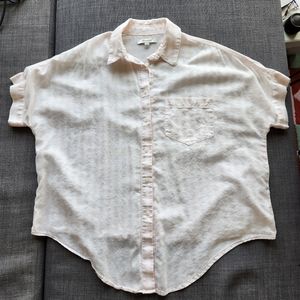 Madewell Tie Front Short Sleeve Button Down Pink and White